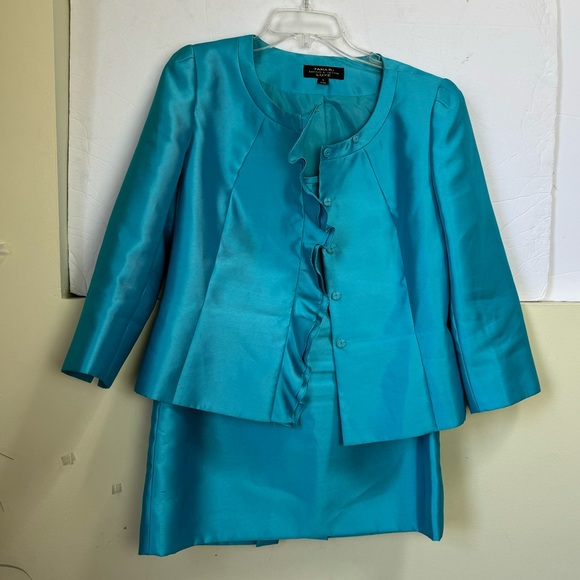 Tahari ASL LUXE Tiffany Blue Ruffle Jacket Skirt Evening Formal Suit Two Piece 6 - Picture 3 of 16